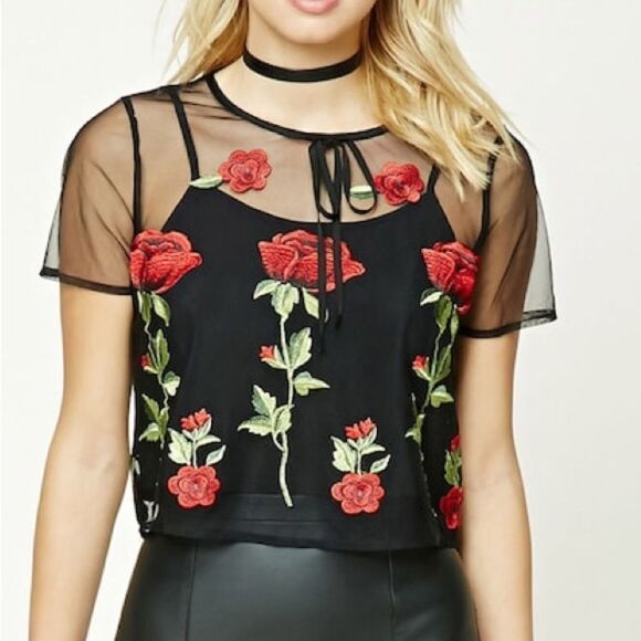 Forever 21 black and red Contemporary Embroidered Rose Floral Mesh Crop Blouse - Picture 8 of 8